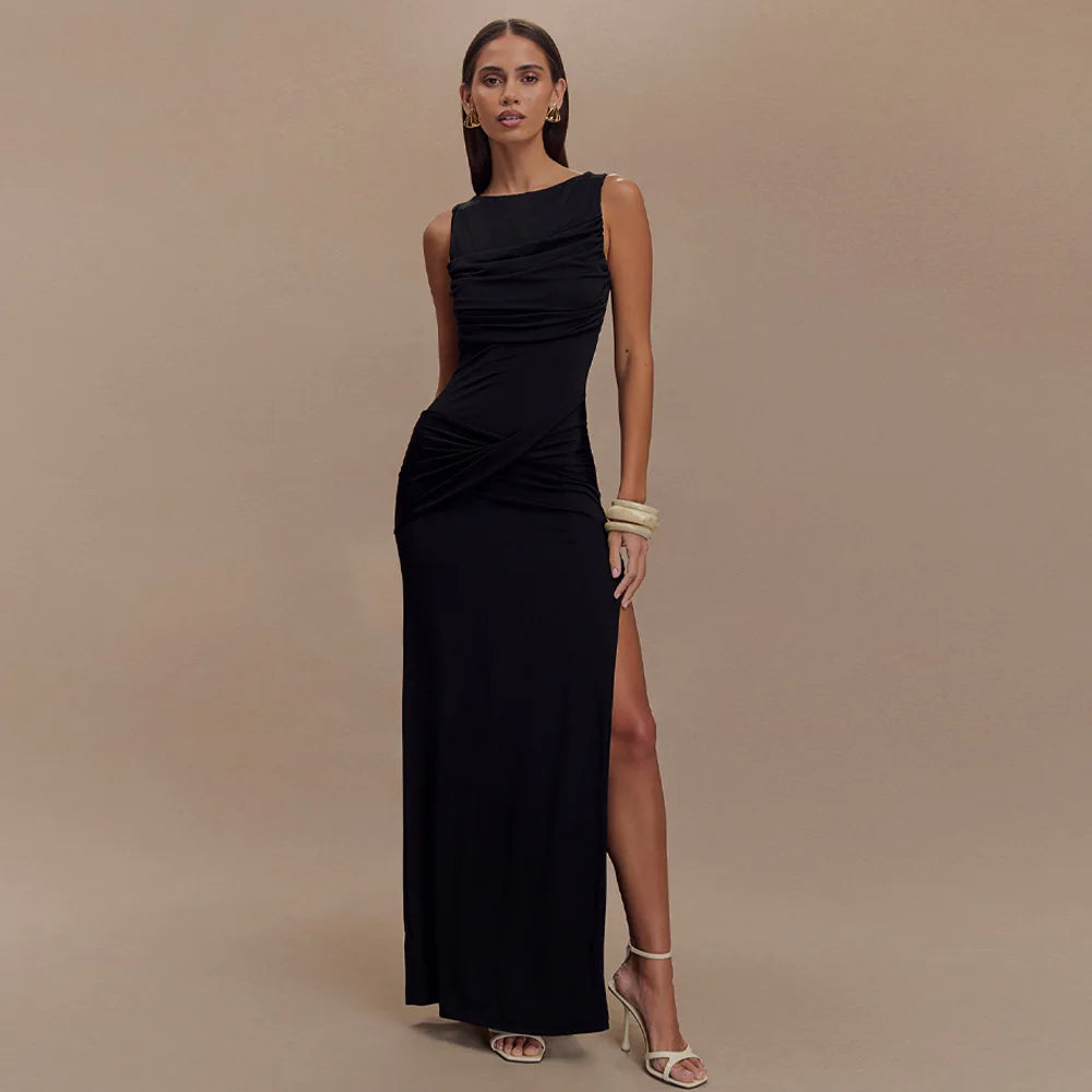 Elegant Round Neck Backless Dress Fashionable Sleeveless Pleated Slit Gown with Waist-Cinching Design Casual Dresses