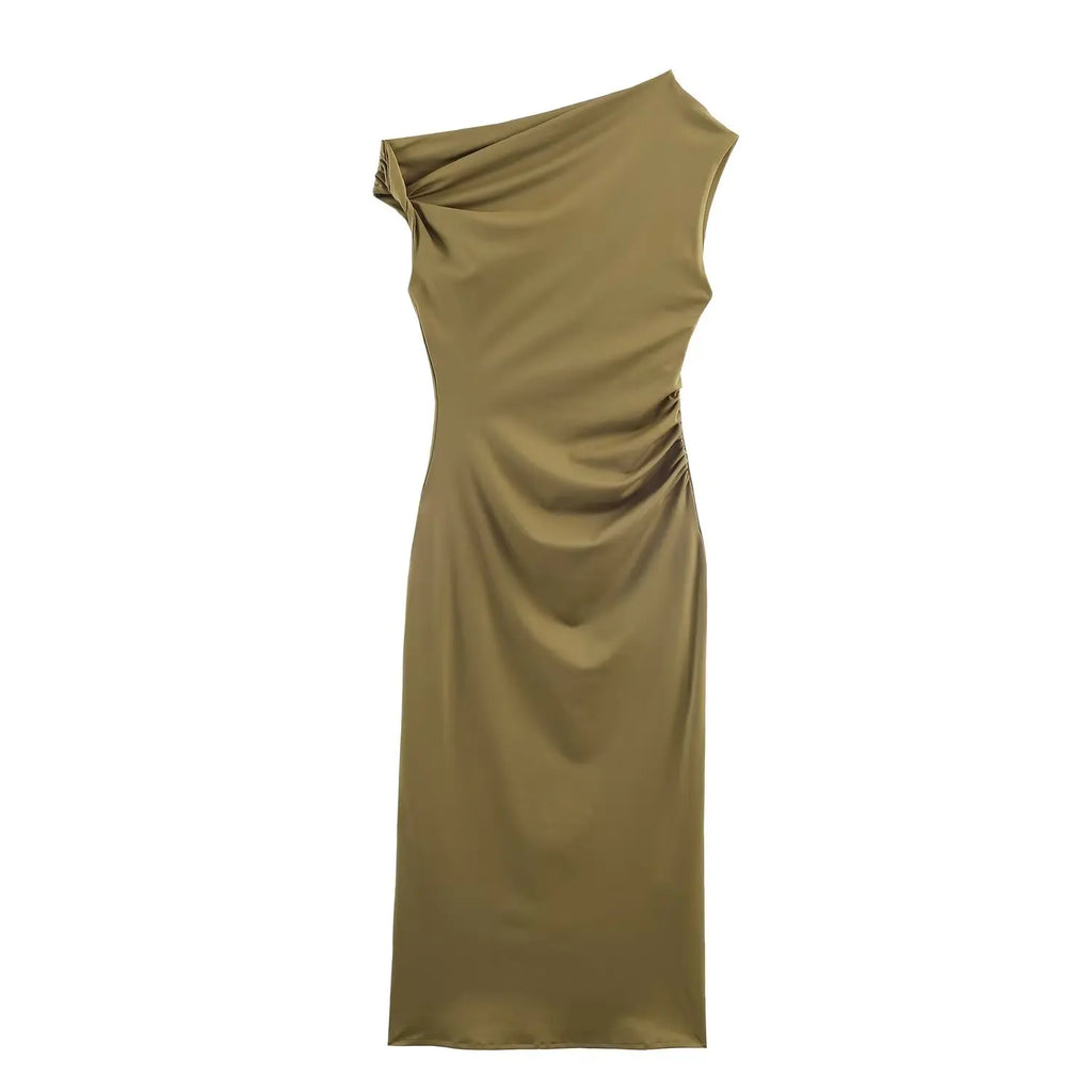 Spring New Fashion Simple Asymmetrical Neck Slim Fit Bodycon Dress