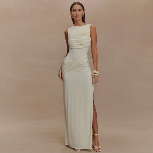Elegant ivory sleeveless A-line gown with ruched bodice, waist-draped detail, and high side slit.