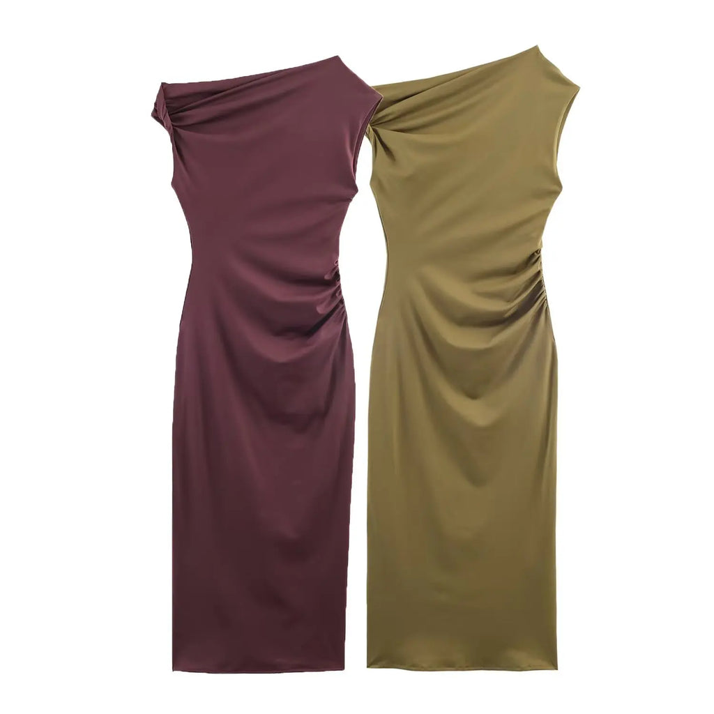 Spring New Fashion Simple Asymmetrical Neck Slim Fit Bodycon Dress
