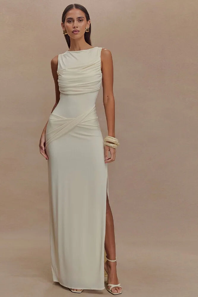 Elegant Round Neck Backless Dress Fashionable Sleeveless Pleated Slit Gown with Waist-Cinching Design Casual Dresses