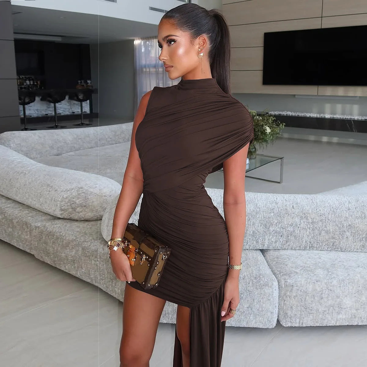 spring/summer fashionable slim fit round neck pleated sleeveless dress