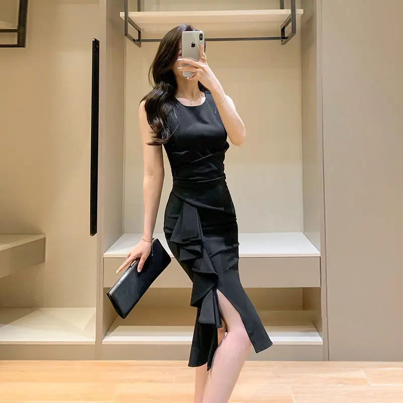 Ladies Elegant Slim Solid Bodycon Dress