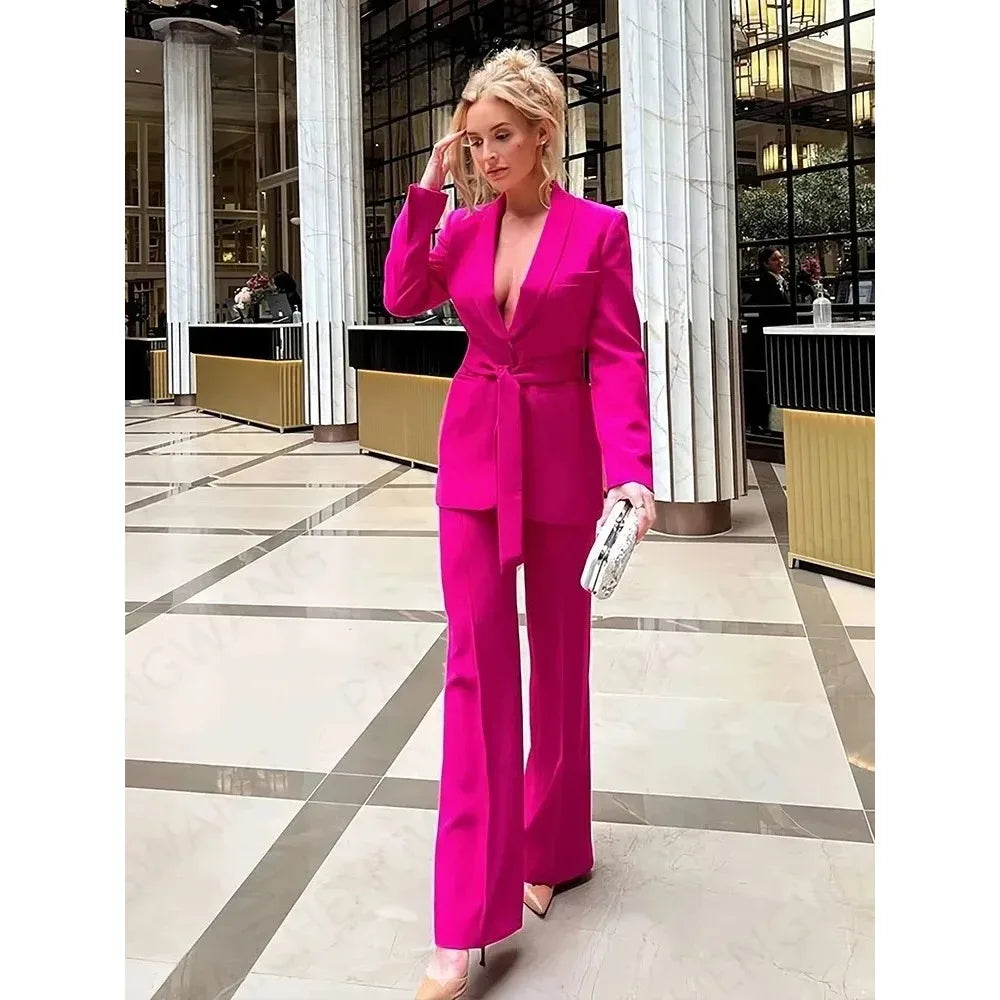 Spring and Autumn Women's Casual Blazer Chic Outerwear Slim Straight Pants Long Sleeve V-Neck Belted Office Commuter Suit Set