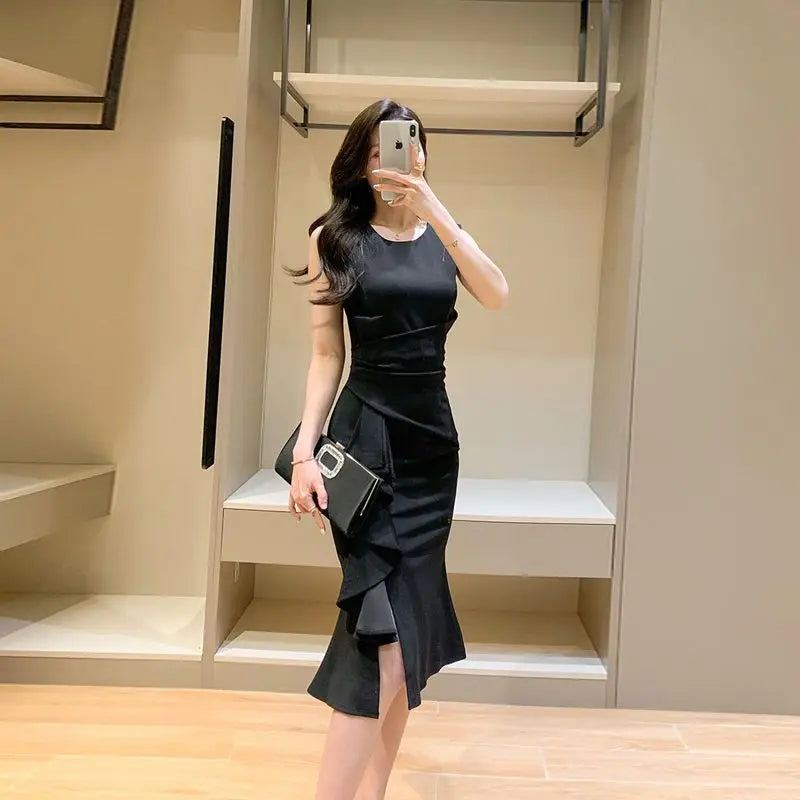 Ladies Elegant Slim Solid Bodycon Dress