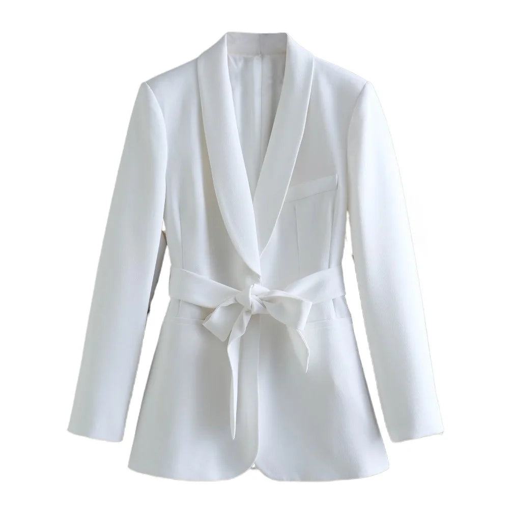 Spring and Autumn Women's Casual Blazer Chic Outerwear Slim Straight Pants Long Sleeve V-Neck Belted Office Commuter Suit Set