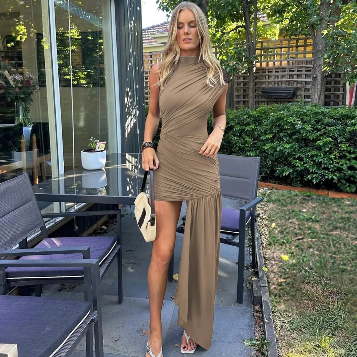 spring/summer fashionable slim fit round neck pleated sleeveless dress