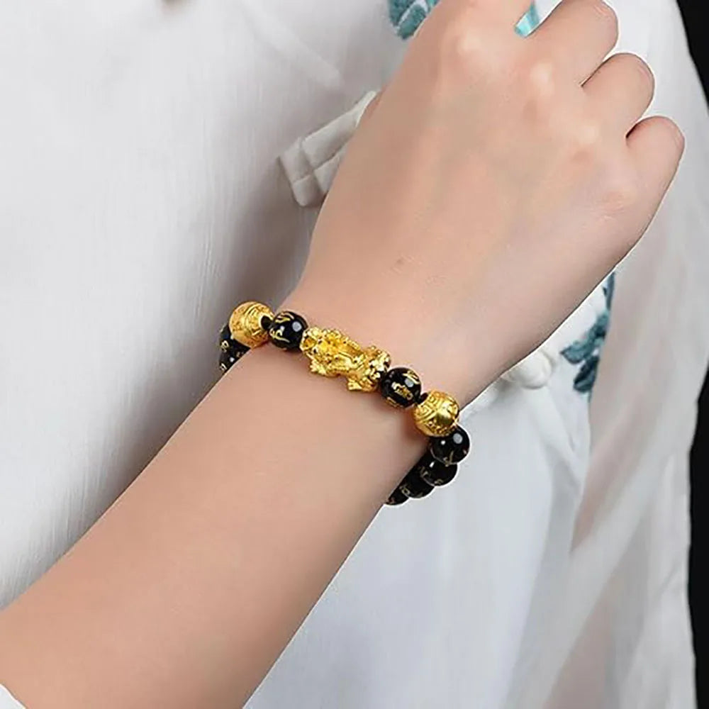 FengShui Wealth And Luck Bracelet, Feng Shui Black Obsidian Pixiu Wealth Bracelet Prosperity Buddha Beads Elastic Bracelet