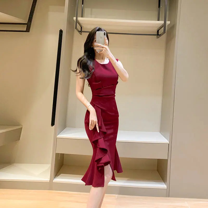 Ladies Elegant Slim Solid Bodycon Dress