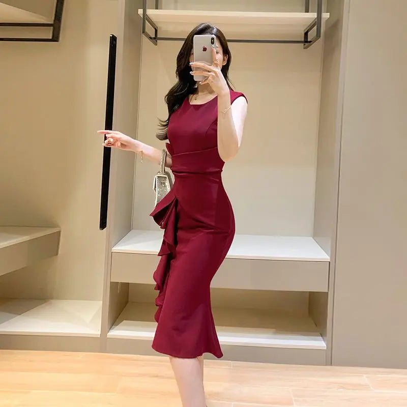 Ladies Elegant Slim Solid Bodycon Dress