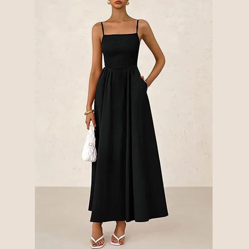 Women's Dress Spring and Summer New Women's Clothing Fine Shoulder Strap Pleated Vest Suspender Pocket Dress