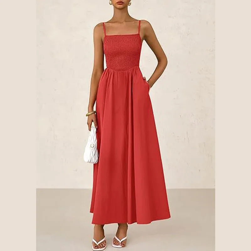 Women's Dress Spring and Summer New Women's Clothing Fine Shoulder Strap Pleated Vest Suspender Pocket Dress