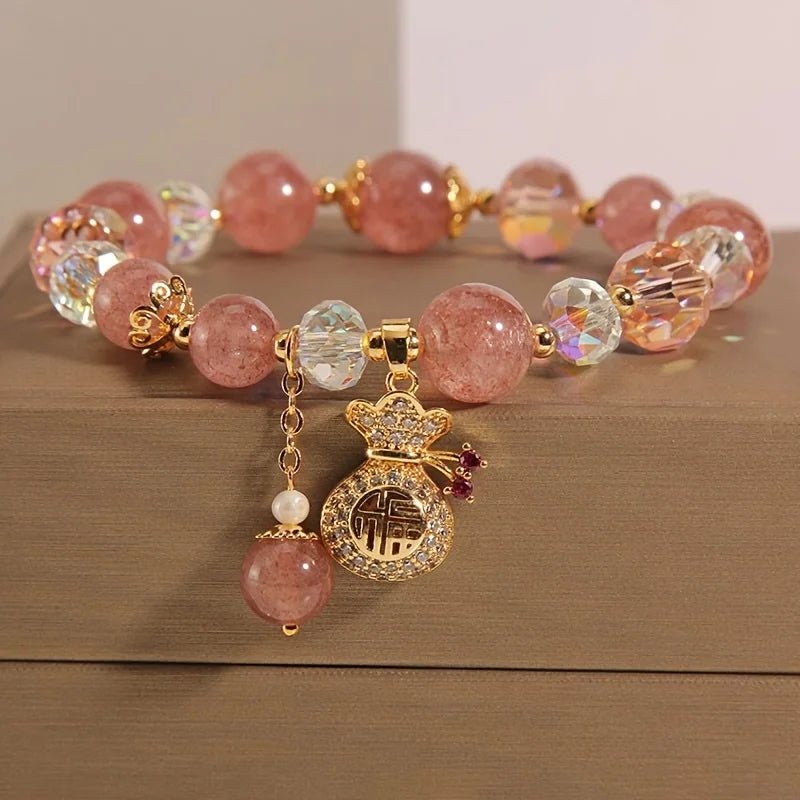 Fashion Sweet Pink Crystal Beads Bracelet for Women Men Attract Money Wealth Good Luck Bracelet Friendship Jewelry Birthday Gift