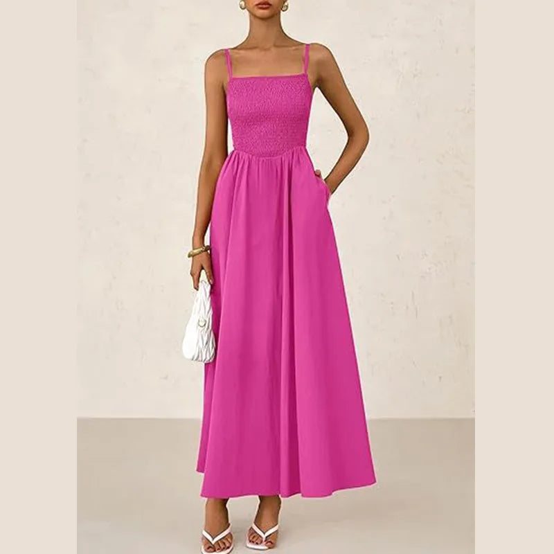 Women's Dress Spring and Summer New Women's Clothing Fine Shoulder Strap Pleated Vest Suspender Pocket Dress