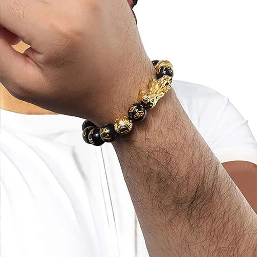 FengShui Wealth And Luck Bracelet, Feng Shui Black Obsidian Pixiu Wealth Bracelet Prosperity Buddha Beads Elastic Bracelet