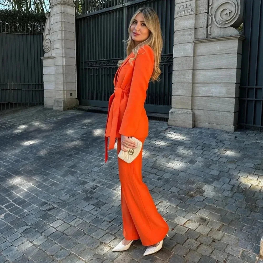 Spring and Autumn Women's Casual Blazer Chic Outerwear Slim Straight Pants Long Sleeve V-Neck Belted Office Commuter Suit Set