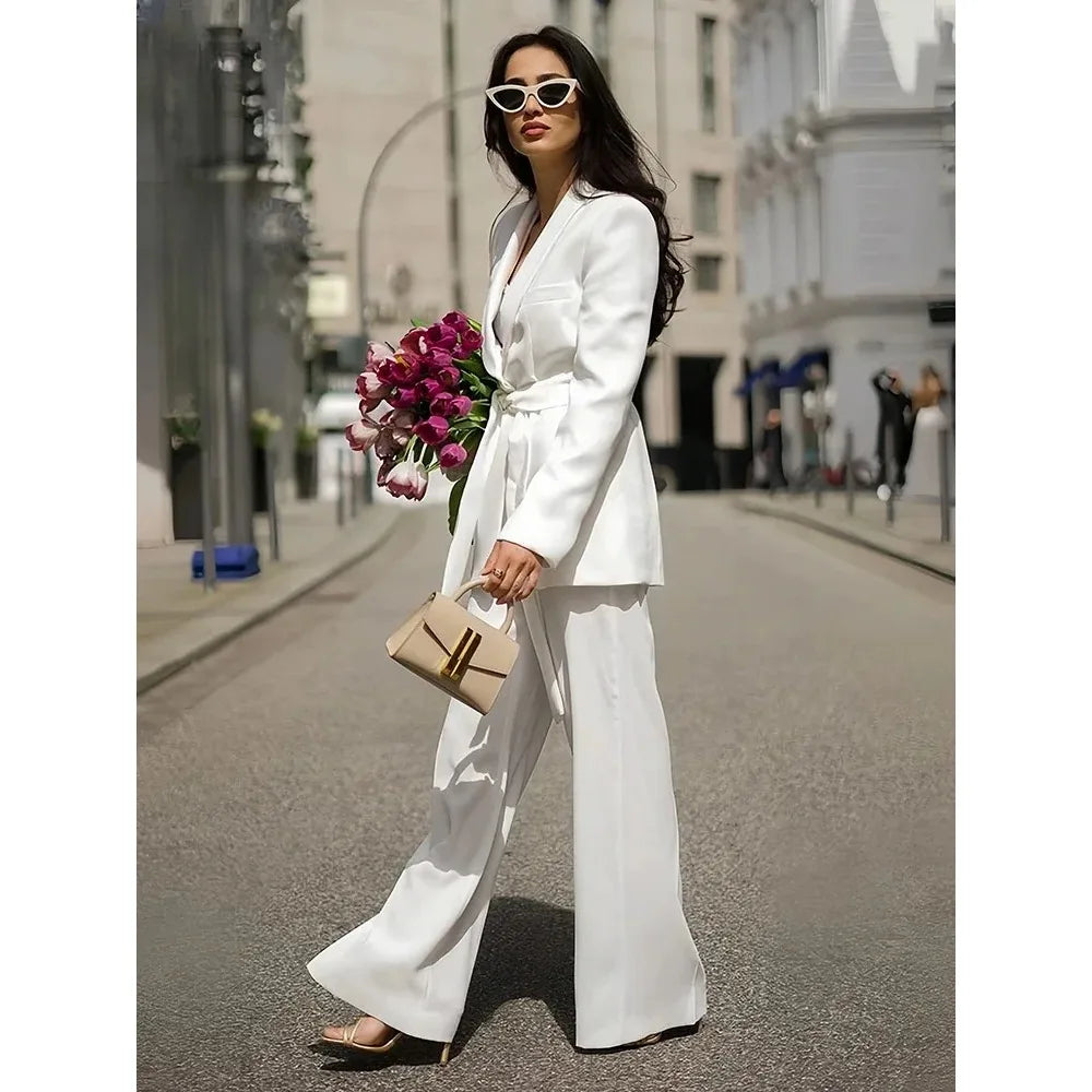 Spring and Autumn Women's Casual Blazer Chic Outerwear Slim Straight Pants Long Sleeve V-Neck Belted Office Commuter Suit Set
